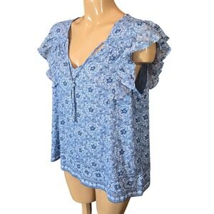 Lucky Brand Womens Top Large Blue Floral Medallion Ruffle Cap Sleeve V-Neck NWT
